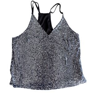 Silver Sequin Cami Tank Top V-Neck Adjustable Straps Racerback Party Blouse